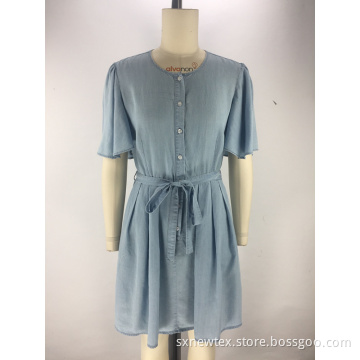 round neck womens blue tencel denim dress